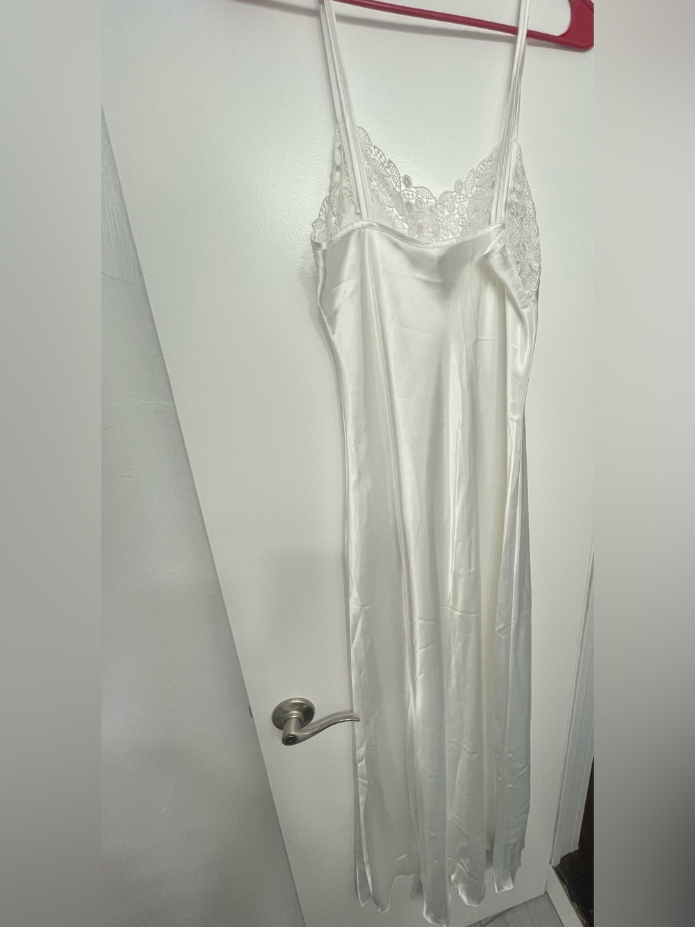 Satin Lace-Trim Slip Dress in White